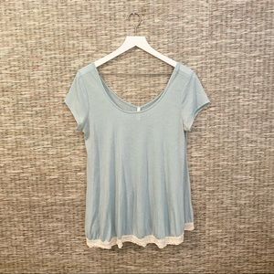 Baby Blue Flowy Top with White Lace Trim